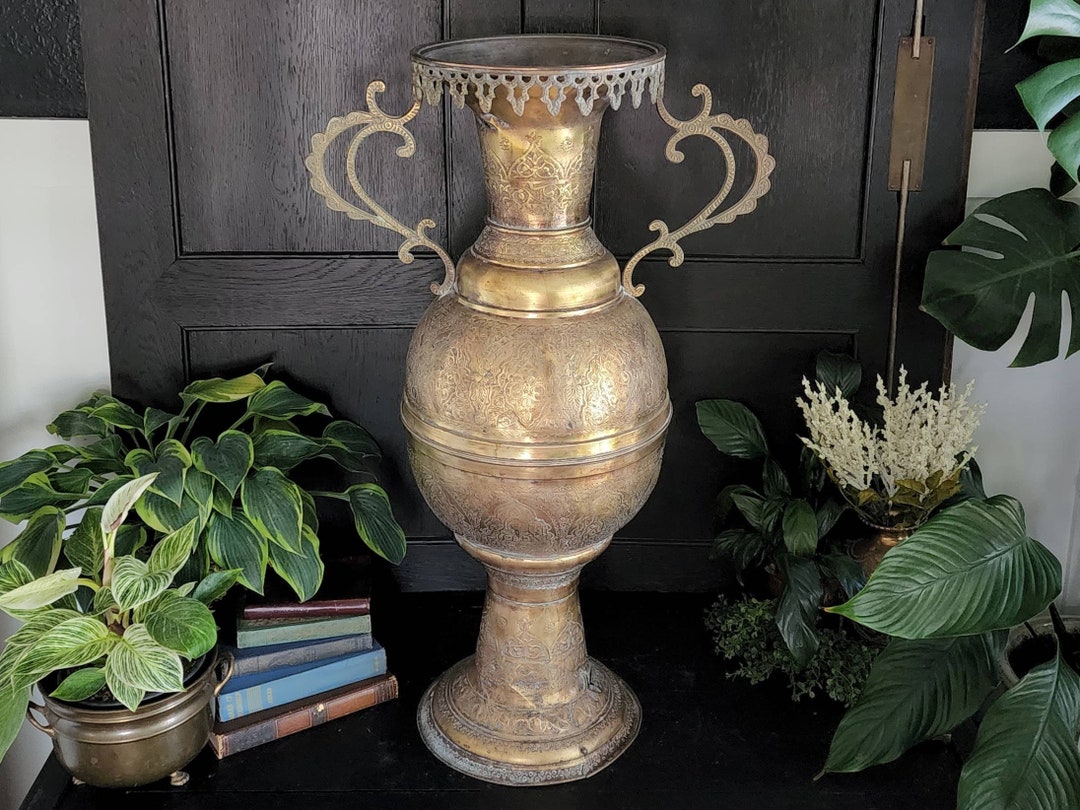 Huge 32 Tall Etched Brass Floor Vase With Handles Vintage Engraved