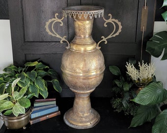 Huge 32" Tall Etched Brass Floor Vase with Handles | Vintage Engraved Brass Fluted Top Urn with Handles | Large Moroccan Boho Brass Vase Urn