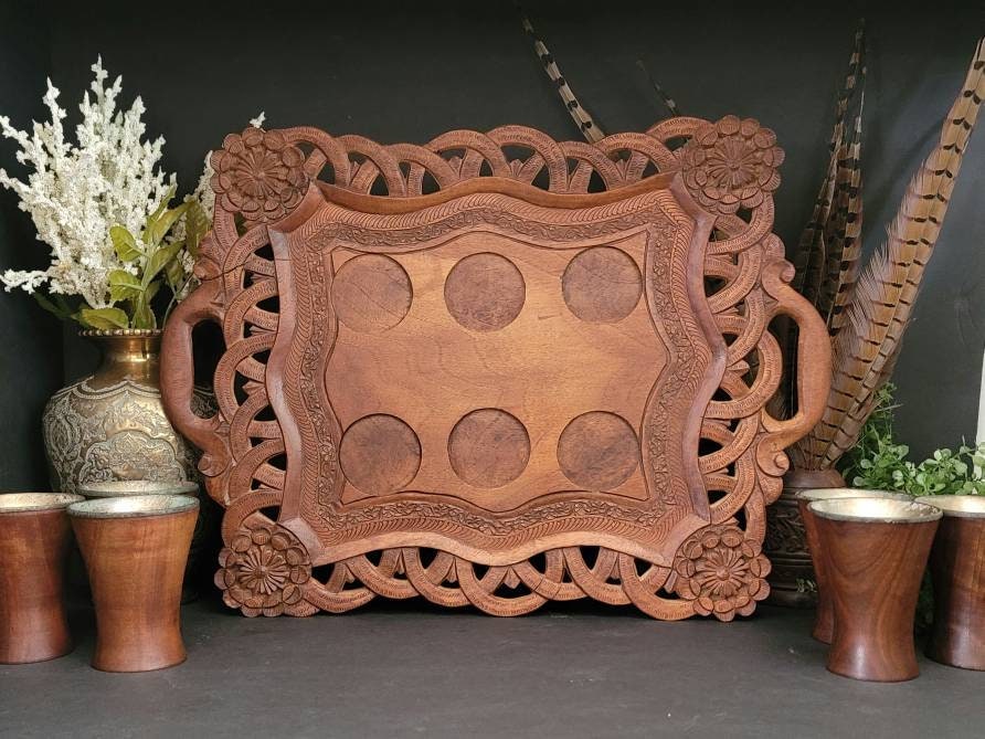 『moroccan』モロッカンアンテークス パーテーション RWmis6 Vintage Moroccan Carved Sheshum Wood Tray With Six Turned