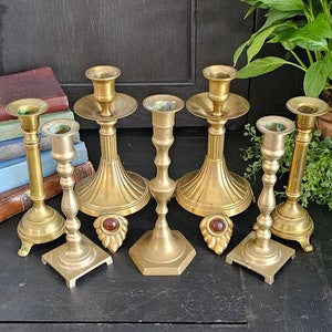 Grouping of 7 Eclectic Brass Candlestick Holders | Vintage Boho Brass Candlesticks in Varying Heights | Mid Century Brass Candle Holder lot