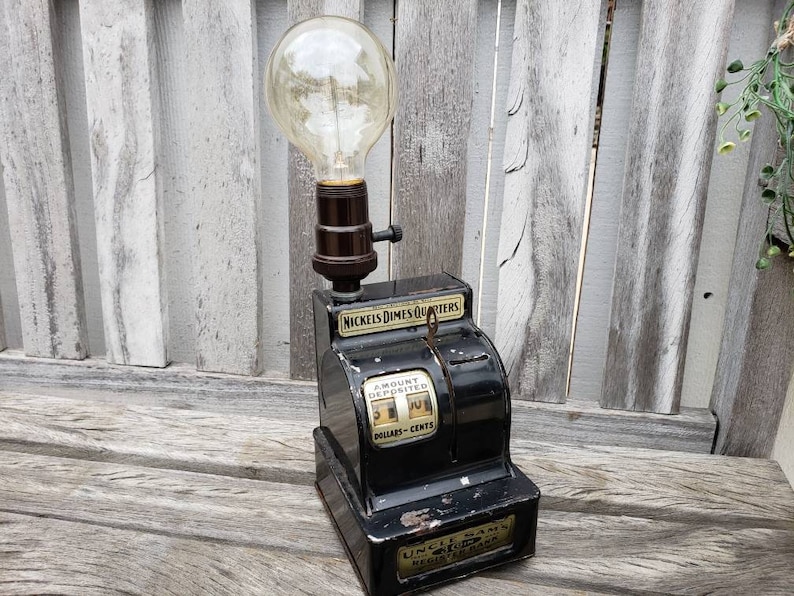 Vintage Repurposed Table Lamp Uncle Sams Cash Register Bank Light