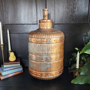 Vintage Tinned Copper Decorative Vase | Large 25&quot; Tall Hand Hammered Middle Eastern / Egyptian Copper Jug Stamped Egypt on Bottom