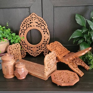 Vintage 6 Piece Carved Moroccan Wood Collection | Floral Carved Sheshum Wood Jars, Trivet, Picture Frame, Folding Book Display & Book Holder