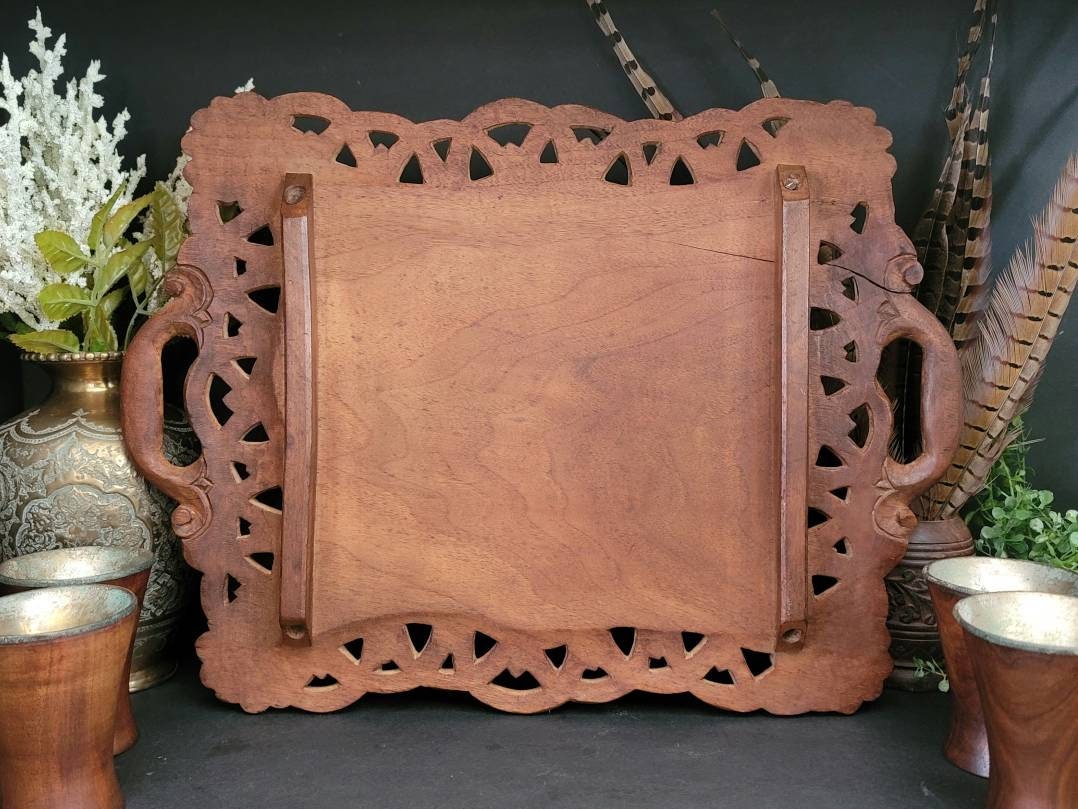 Vintage Moroccan Carved Sheshum Wood Tray With Six Turned