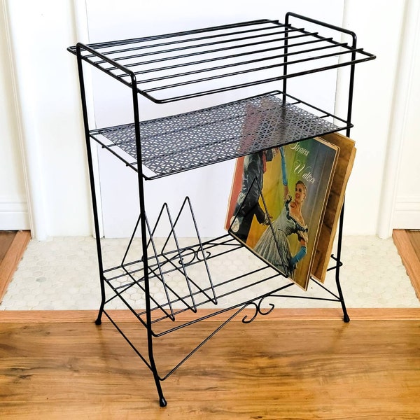 Vintage Black Metal Record Player Stand and Record Holder | Mid Century Black Geometric Metal Three Tier Record Holder | Retro Record Stand