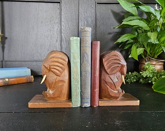 Vintage Wooden Elephant Bookends | Cute Small Carved Wood Elephant Book Ends