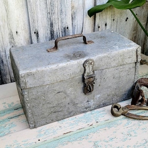 Vintage Distressed Silver Toolbox with Rusty Handle | Rustic Storage Box With Riveted Hinged Lid and Handle | Vintage Lockable Tool Box