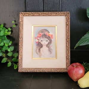 Framed Ozz Franca Big Eyes Girl Textured Print on Board | Mid Century Big Eyes Wall Art | Small Franca Varnished Big Eyes Picture Print