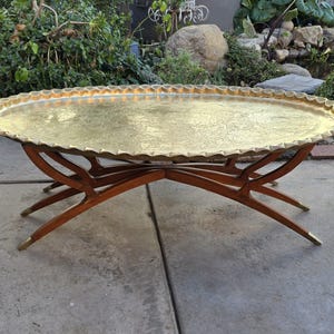 Huge Mid Century Wood Spider Leg Table With Oval Etched Brass Tray