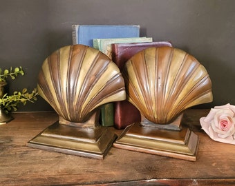 Vintage Two Tone Brass Seashell Bookends | Heavy Brass Clamshell Book Ends | Mid Century Brass Nautical Home Decor | Clam Shell Bookend