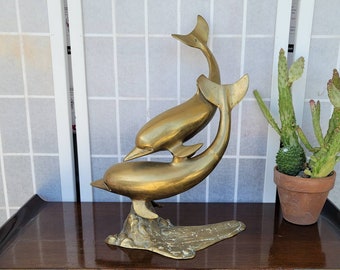 Vintage Large 16" Tall Brass Swimming Dolphins Statue | Brass Dolphin Scultpure | Eclectic Nautical Beach Home Decor