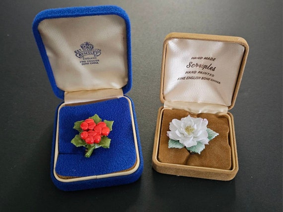 Two Vintage Fine English Bone China Brooches or Pins Hand Made