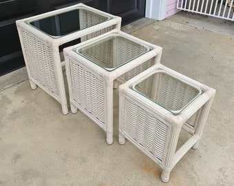 Whitewash Wicker Nesting Tables with Glass Tops | Set of 3 Vintage Off White Rattan Nested Tables | Organic Boho End Tables