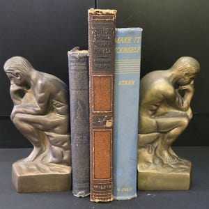 Set of Two Vintage Brass Thinking Man Bookends | Aged Brass Thinker Bookends Pair