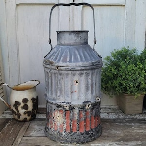 Vintage Five Gallon Ribbed Steel Oil Can | 19&quot; Tall Primitive Farmhouse Can Decor | Chippy Red & Black Paint on Distressed 5 Gallon Oil Can