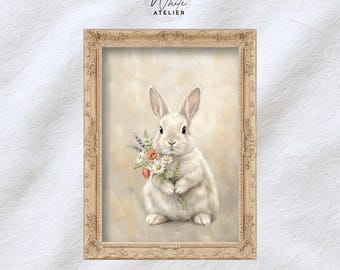 Vintage Easter Bunny Wall Art Printable, Soft Floral Rabbit Illustration, Neutral Spring Nursery Art, Classic Easter Animal Painting