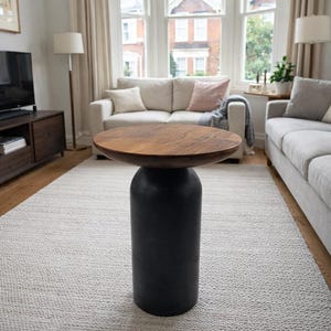 Handgemaakte bijzettafel, 38 cm (15 inch), ronde salontafel, naturel zwart gepolijst.