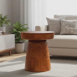 May include: A wooden side table with a round top and a conical base. The table is made of a warm-toned wood and stands on a light-colored rug. The table is approximately 50 cm in diameter and 50 cm tall.