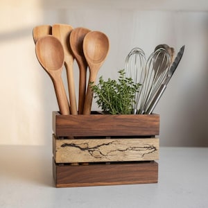 Wooden Cutlery Spoon Holder & Pen Stand | Multipurpose Desk Organizer | Fractal Burn Minimal Home Decor