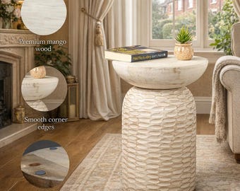Mesa auxiliar rústica de madera maciza blanca tallada a mano, mesa de centro redonda pulida natural