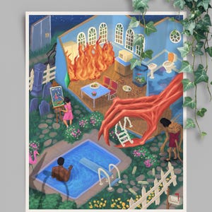 May include: A surreal art print depicting a house on fire, a swimming pool, and a person swimming. A large red hand reaches into the scene. The artwork features a vibrant color palette and whimsical details, creating a dreamlike atmosphere.