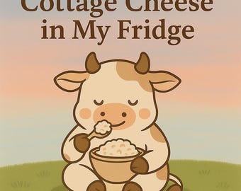 May include: Illustration of a cartoon cow enjoying cottage cheese. The image includes the text "Now There Is Always Cottage Cheese in My Fridge" and "How simple cheese changed my vision of life and cooking."