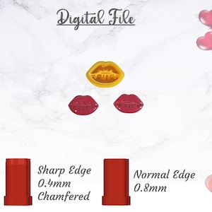 Pode incluir: Gráfico de arquivo digital com três designs de lábios em vermelho e dourado. São mostrados dois designs de lábios vermelhos e um design de lábios dourados. Duas formas retangulares vermelhas são mostradas com o texto "Sharp Edge 0.4mm Chamfered" e "Normal Edge 0.8mm".