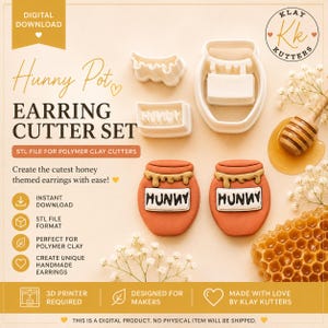 May include: A digital download set of white plastic earring cutters for polymer clay, featuring a honey pot shape with a separate stamp for the word HUNNY. The set includes two finished orange clay honey pots with white labels reading HUNNY.