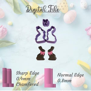 Puede incluir: Un archivo digital con temática de Pascua con cortadores de galletas con forma de conejito y una galleta con forma de conejito. Los cortadores de galletas son morados y las galletas son marrones con lazos rosas. El texto "Digital File" está en la parte superior.