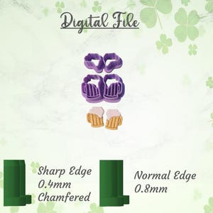 May include: Image of a digital file with purple and tan cookie cutters in the shape of beer mugs and shamrocks. The text "Digital File" is at the top. The image also shows green edge samples with measurements.