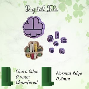 May include: A digital file featuring a collection of purple cookie cutters in various shapes, including a four-leaf clover, a brain, and other small shapes. The text "Digital File" is at the top. The image also shows a green edge comparison.