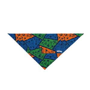 May include: Triangular dog bandana with a patchwork design in blue, orange, and green. The bandana features paw prints and stick figure graphics. The text "BAD DOG" is printed in white on the lower right corner.