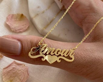 Personalized Heart Name Necklaces for Women, Love Jewelry, Custom Name Plate, Stainless Steel Necklace, Friendship Gifts