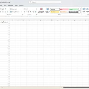 May include: Screenshot of a spreadsheet in Microsoft Excel. The spreadsheet is tracking financial data, with columns for date, deposit, withdrawal, net change, and running balance. The interface includes a ribbon with various formatting options.