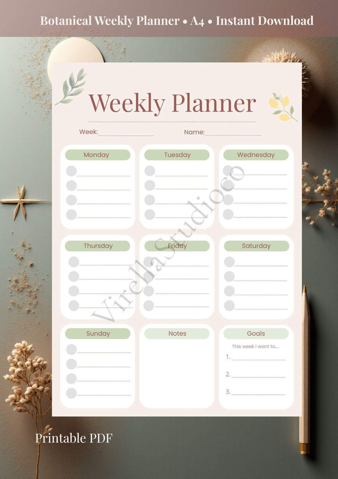 Botanical Weekly Planner Printable | Minimal Nature Planner A4 ...