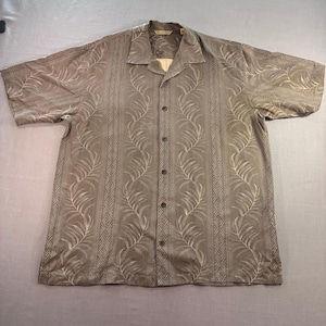 Tommy Bahama 100% Silk Hawaiian Camp Shirt Mens Large Brown Palm Leaf image 1