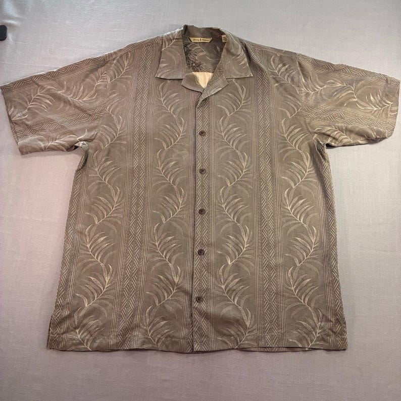 Tommy Bahama 100% Silk Hawaiian Camp Shirt Mens Large Brown Palm Leaf image 1