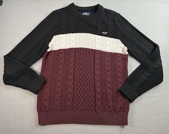 Hollister Mens Cable Knit Sweater Medium Colorblock Crewneck Black Burgundy