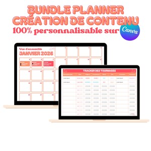 Peut inclure: Deux ordinateurs portables affichant un planificateur et un suivi de contenu. L'ordinateur portable du haut affiche un calendrier pour janvier 2026. L'ordinateur portable du bas affiche un suivi de contenu. Le texte en haut indique "BUNDLE PLANNER CRÉATION DE CONTENU 100% personnalisable sur Canva."