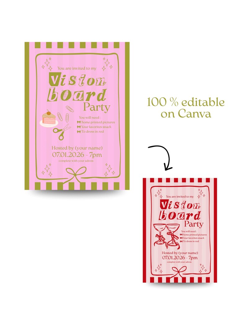 Vision Board Party Invitation Template Red Bordeaux & Pink Cocktail ...