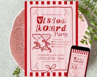 Einladungsvorlage für eine Vision-Board-Party: Rot-Bordeaux & Rosa Cocktail-Design, Einladung zur Mädelsabendparty, bearbeitbar, druckbar und mobil (Canva).