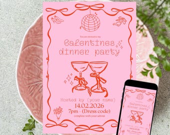 Einladungsvorlage für den Galentine's Day: Rotes & Rosa Cocktail-Design. Einladung zum Valentinstag für einen Mädelsabend. Bearbeitbare Canva-Vorlage zum Ausdrucken und für mobile Geräte.