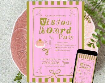 Einladungsvorlage für eine Visionboard-Party, pistaziengrün-rosa gestreift, Mädchenabend-Einladung, bearbeitbar, druckbar und mobil.