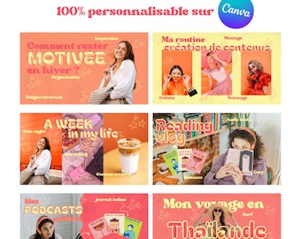 6 gemütliche, farbenfrohe YouTube-Thumbnails (Canva), 100 % editierbar – in sanften Orange-, Rosa- und Gelbtönen. Ideal für Lesevideos, Vlogs, Podcasts und kurze Einblicke in meinen Alltag.