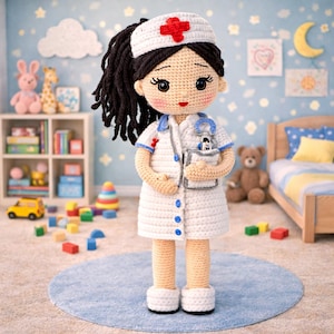 May include: A handmade crochet doll dressed as a nurse, wearing a white uniform with a red cross on her cap. The doll has black hair and is holding a small notepad. The doll is standing on a blue rug.