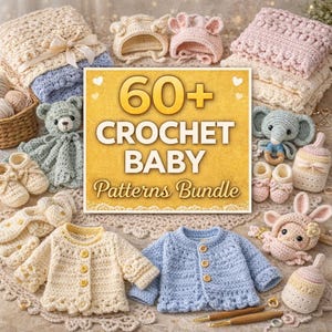 Paquete de patrones de ganchillo para bebés, más de 60 diseños en PDF para ropa, mantas, juguetes y accesorios.