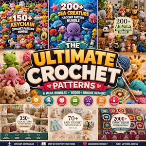 Może przedstawiać: Cyfrowa kolekcja wzorów szydełkowych zatytułowana The Ultimate Crochet Patterns, zawierająca 6 mega pakietów z ponad 10 000 wzorów. Obraz przedstawia różne szydełkowane przedmioty, w tym zwierzęta, stworzenia morskie, breloczki, torby i kwadraty babuni.