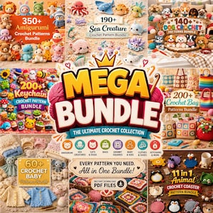 Può includere: Un annuncio digitale per un mega pacchetto di schemi all'uncinetto che include varie collezioni tra cui 350+ amigurumi, 190+ creature marine, 140+ cani, 200+ portachiavi, 200+ borse, 60+ articoli per neonati e 11 sottobicchieri animali con testo Mega Bundle.
