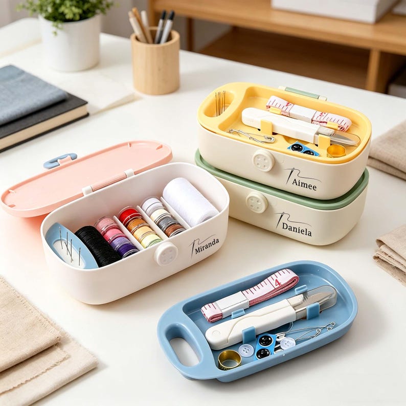 May include: A collection of pastel-colored sewing kits. One pink kit is open, revealing spools of thread. Other kits are yellow, green, and blue, containing sewing tools like scissors, measuring tapes, and needles. The kits are labeled with names.