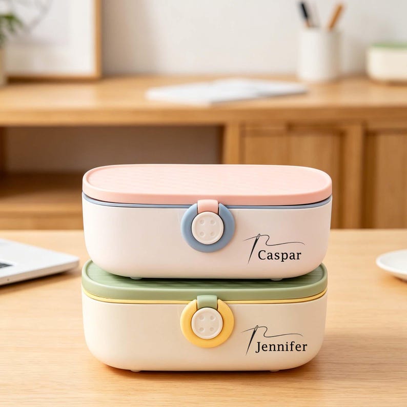 May include: Two stacked, rectangular storage boxes with pastel pink and green lids. The top box has the name "Caspar" printed on it, and the bottom box has the name "Jennifer". Each box has a circular clasp.